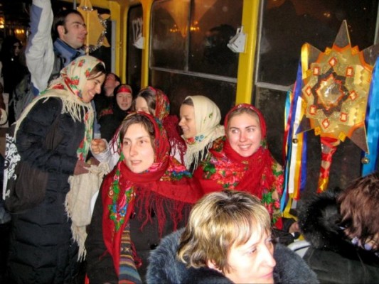 Carolers in tram